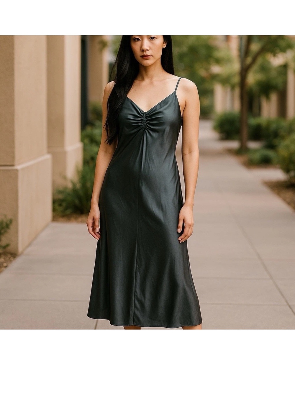a new day Dark Green Satin Ruched-Neck Slip Dress